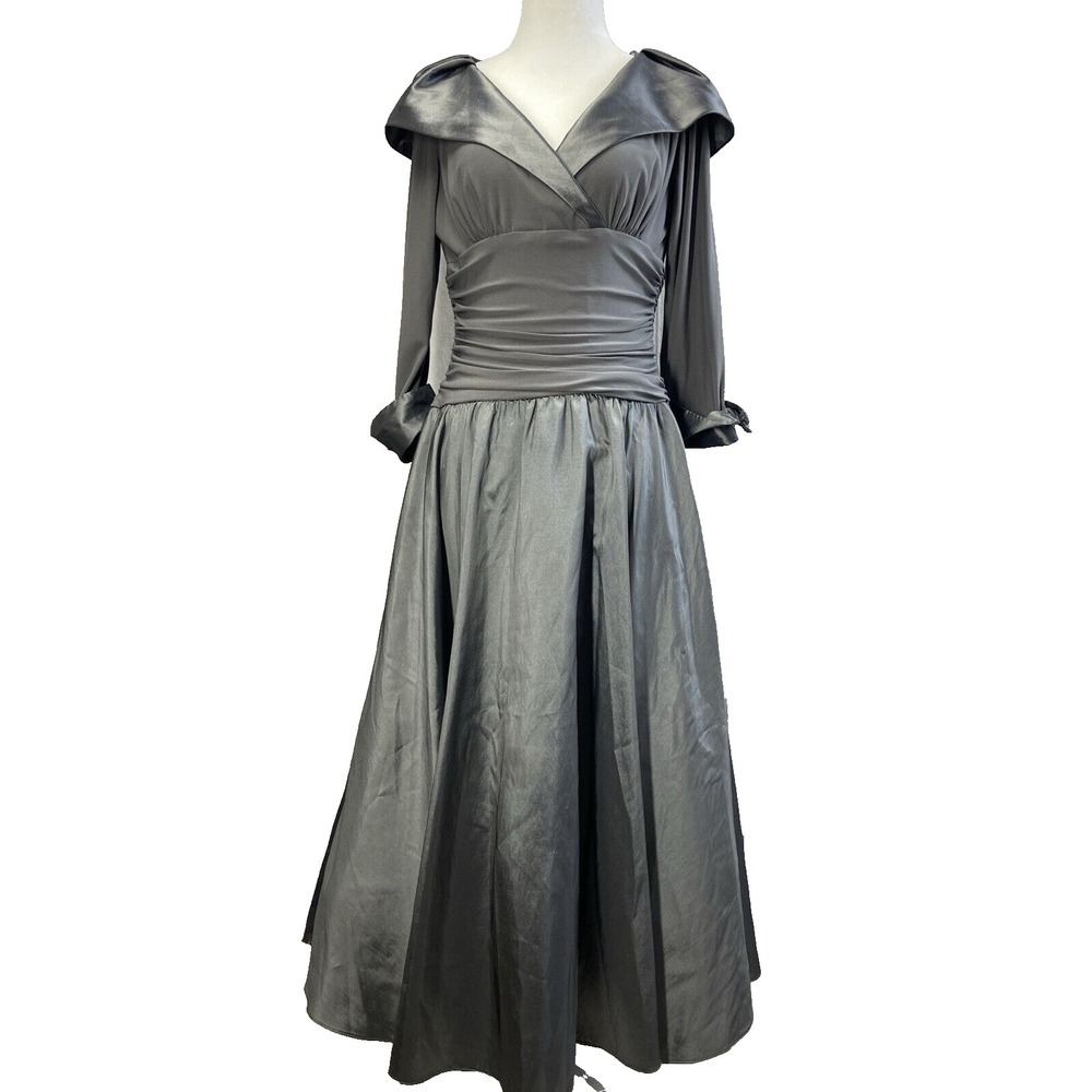 Eliza J Dress Womens 6 Gray Satin Fit Flare Ruched V Neck Midi Rhinestone Cuff